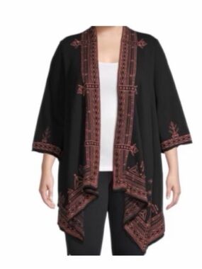 Johnny Was Eyal Black Open-Front Embroidered Waterfall Cardigan w/ Rust Trim 1X